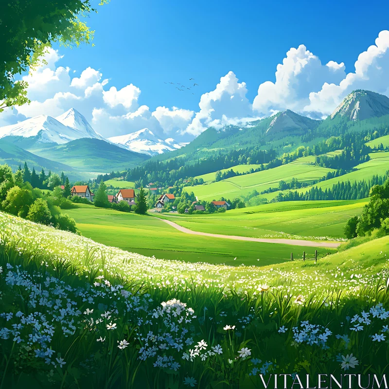 AI ART Picturesque Mountain Landscape with Flower Meadow