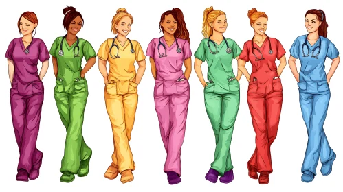 Seven Nurses in Colorful Scrubs Art