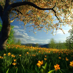 Spring Meadow with Blossoms and Flowers