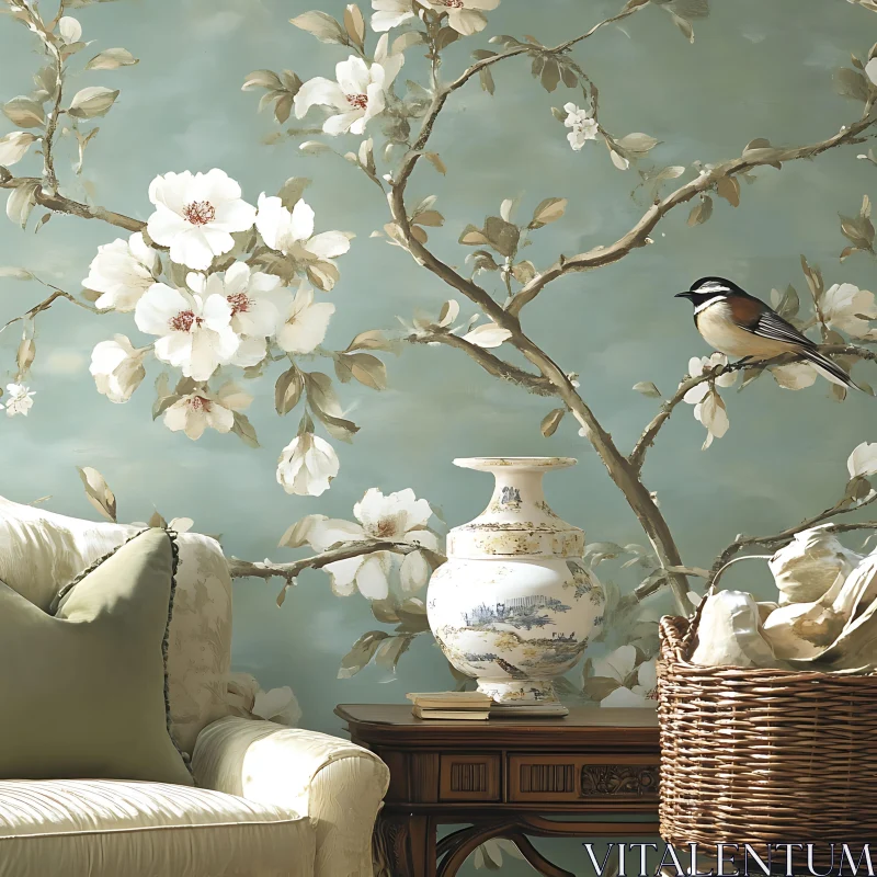 AI ART Floral Wallpaper and Bird in Interior