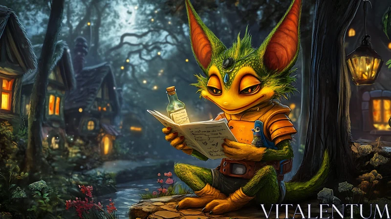 AI ART Fantasy Creature Reading Book in Forest