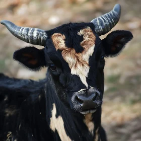 Black Cow with Horns Close-Up