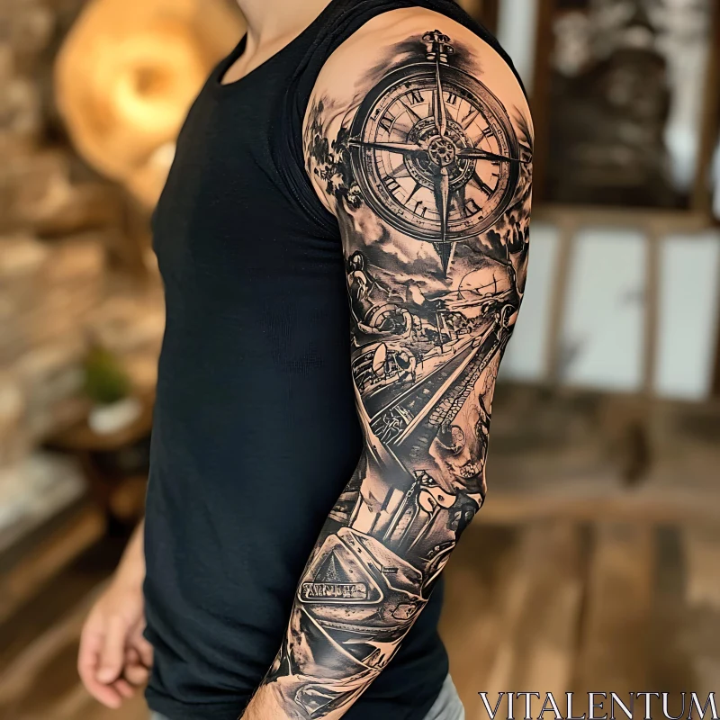 Detailed Black and Gray Arm Tattoo AI Image