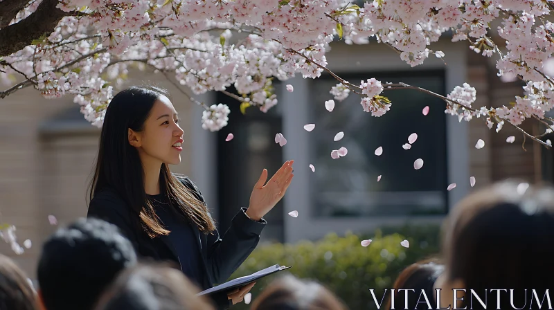 Woman Speaking Under Cherry Blossoms AI Image