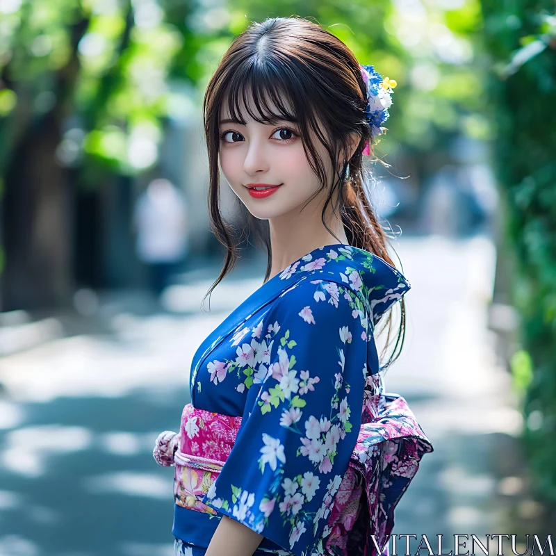 Floral Kimono Portrait of Young Woman AI Image