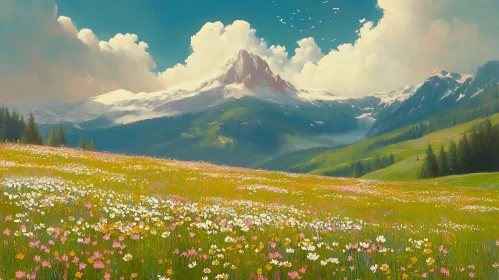 Floral Meadow with Mountain View Artwork