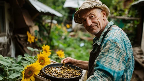 Man Harvesting Sunflower Seeds