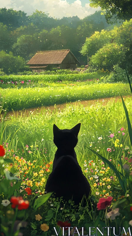 Peaceful Feline in Countryside Landscape AI Image