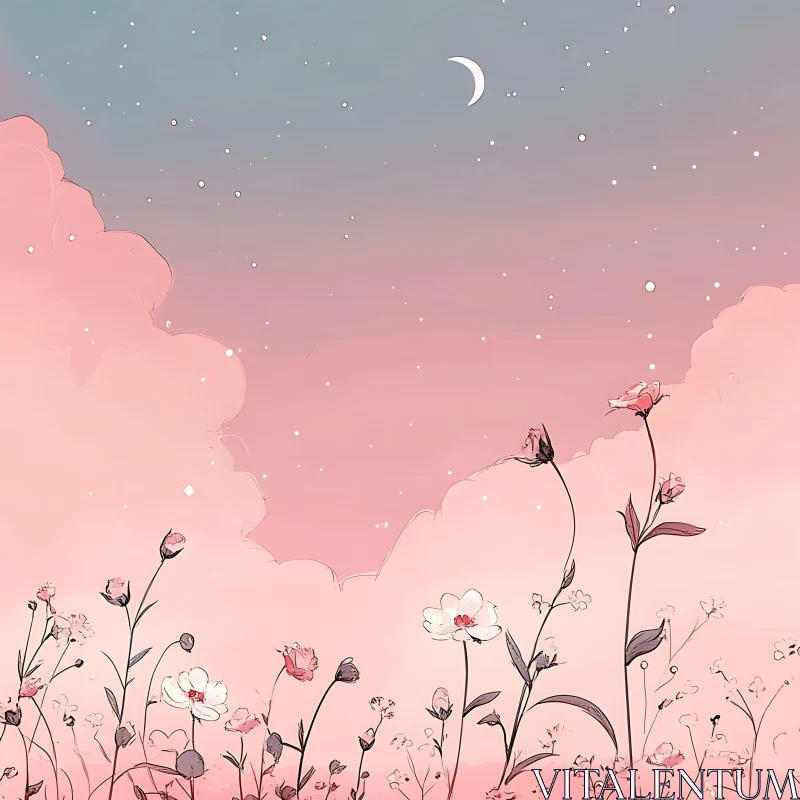 AI ART Moonlit Floral Meadow Under Pastel Skies