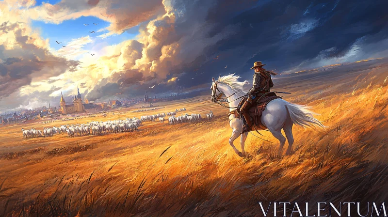 AI ART Horseback Rider in a Golden Landscape