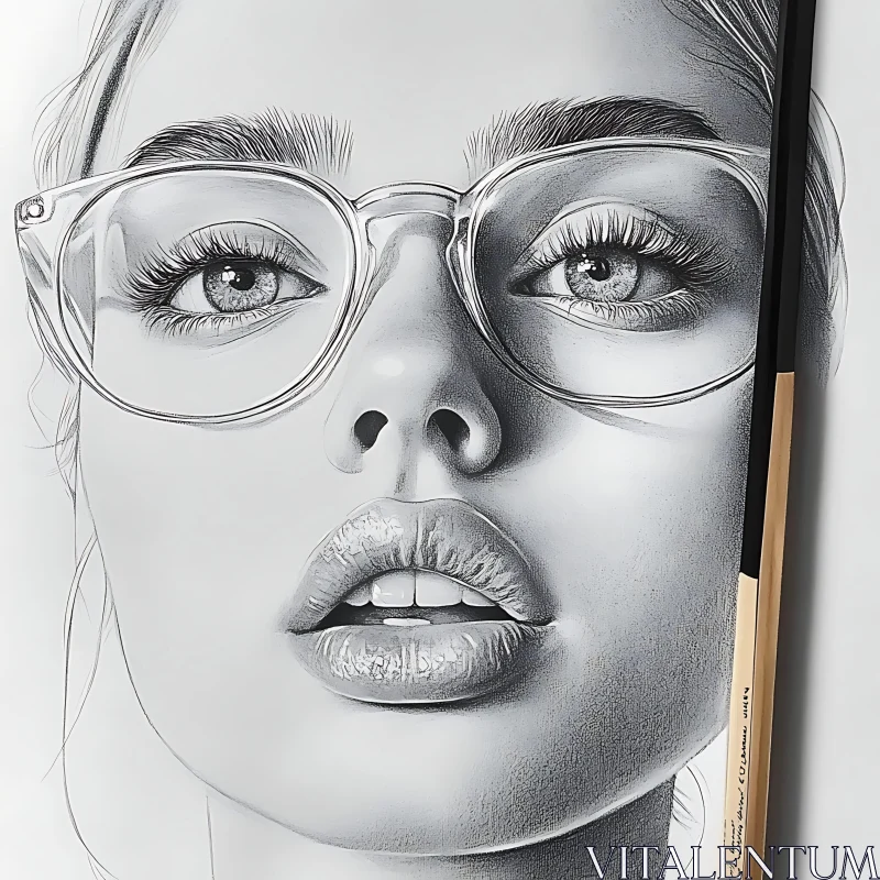 Realistic Sketch of a Woman's Face with Glasses AI Image