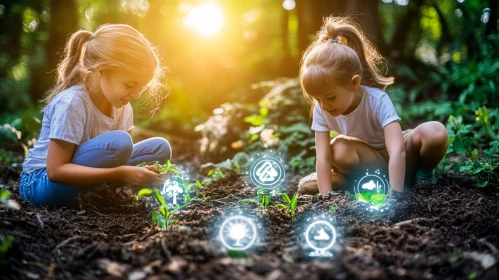 Girls Nurturing Seedlings in Forest