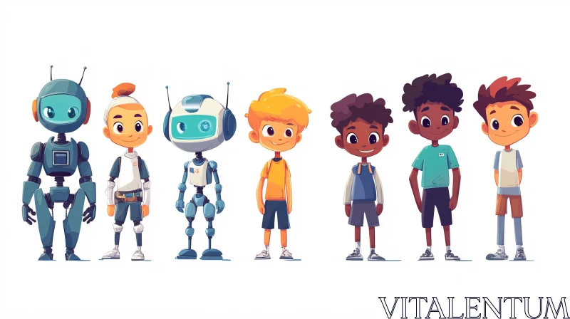 AI ART Cartoon Kids and Robots Together