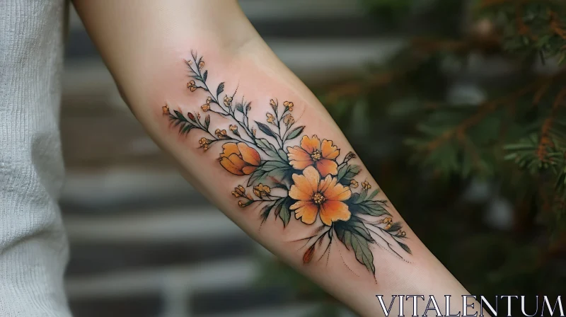 Intricate Orange Flower Tattoo with Green Leaves AI Image