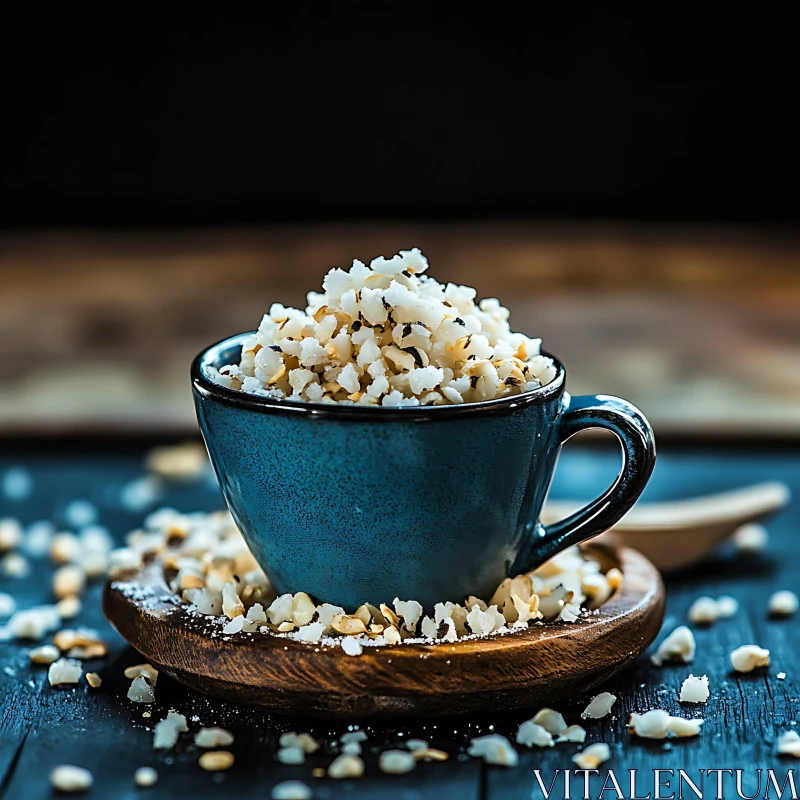 Blue Ceramic Cup with Grains on Wood AI Image