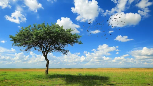 Solitary Tree in Field with Birds