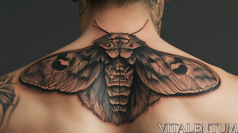 Upper Back Black Ink Moth Tattoo AI Image