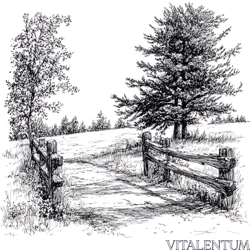 Monochrome Field Scene with Wooden Fence AI Image