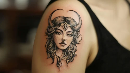 Intricate Grayscale Tattoo of Woman with Horns