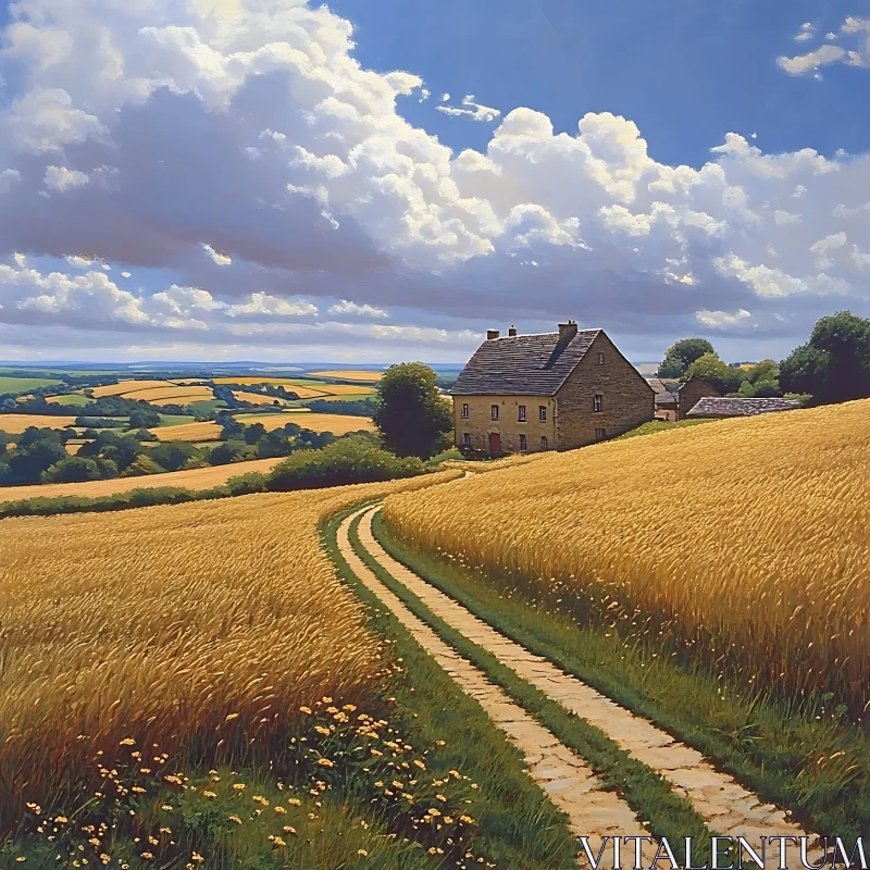 Rural Landscape with Wheat Field AI Image