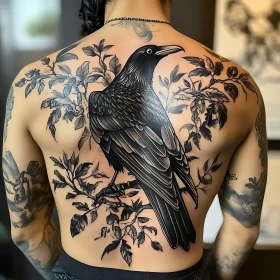 Black Ink Raven Tattoo Covering Full Back