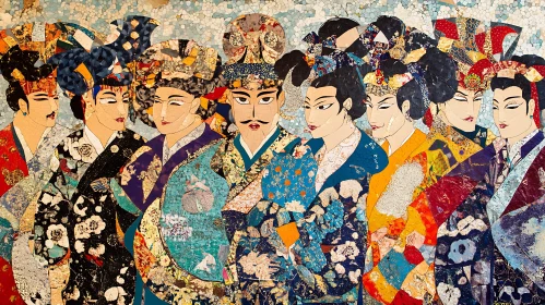 Asian Figures in Mosaic Style Art