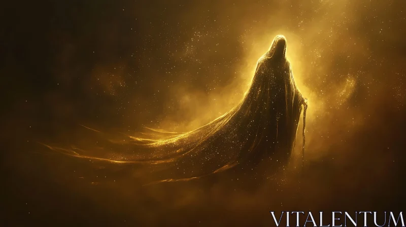 AI ART Golden Cloaked Figure in Ethereal Light