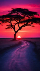 African-inspired Sunset: Captivating Tree on Road | 8k National Geographic Photo