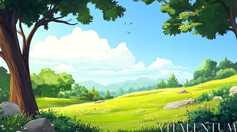 AI ART Scenic Green Field with Trees and Clouds