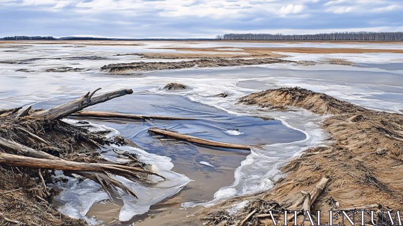 AI ART Winter Tranquility: Frozen Lake and Driftwood