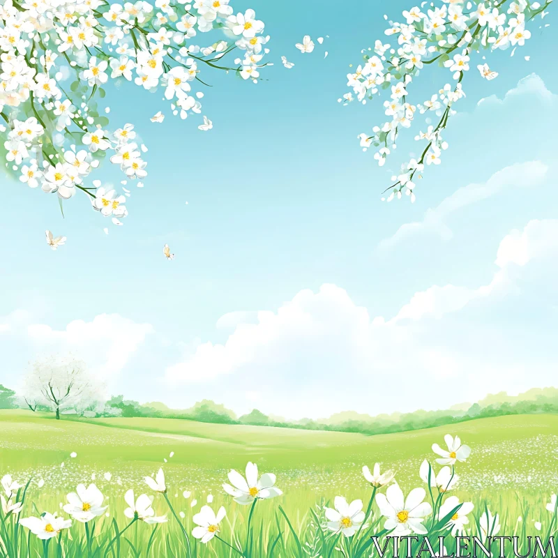 Tranquil Meadow with White Flowers AI Image