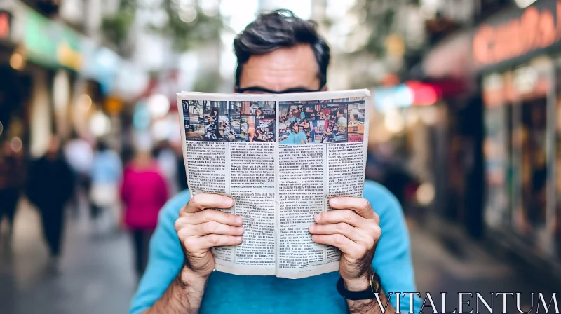 Newspaper Reader in Urban Setting AI Image