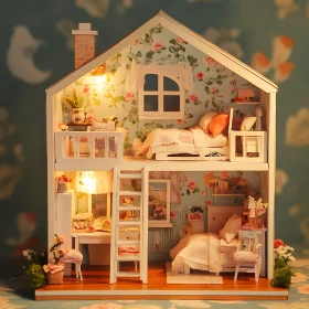 Detailed Dollhouse with Floral Design and Lighting