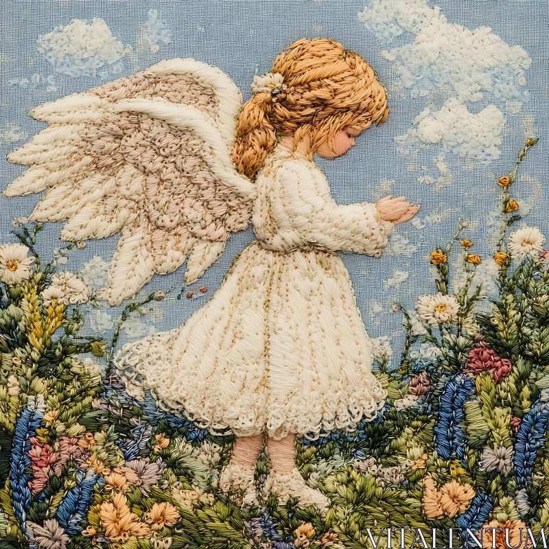 Embroidered Angel in Floral Meadow Art AI Image