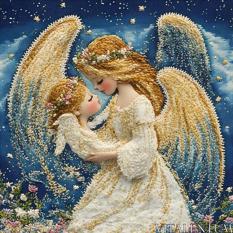 Embroidered Angels in Loving Embrace AI Image