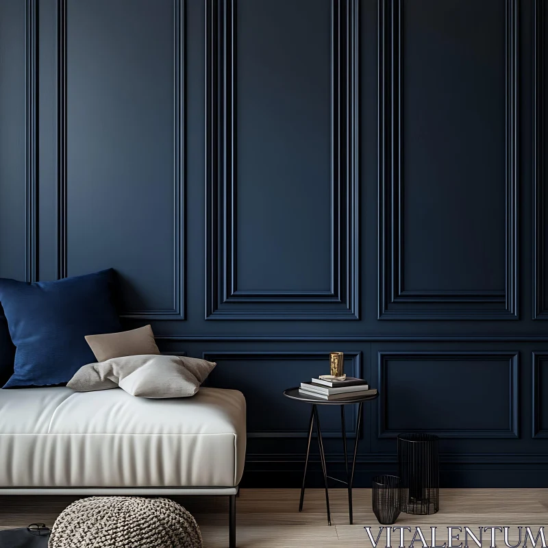 AI ART Cozy Room with Sofa and Dark Blue Wall