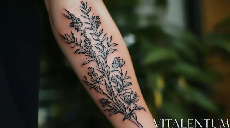 Elegant Botanical Forearm Tattoo in Black and Grey AI Image