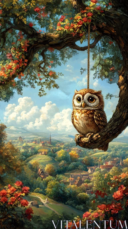 Owl and Village Landscape AI Image