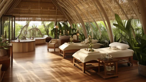 Luxurious and Organic Interior with Tropical Plants and Bamboo Wood Beds
