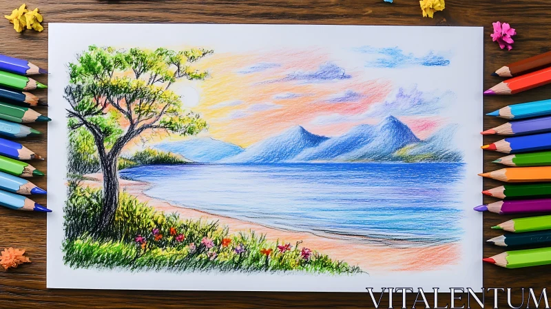 Colorful Seascape Art with Mountains AI Image