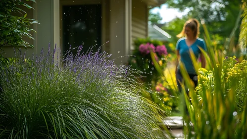 Woman Walking in Glistening Garden