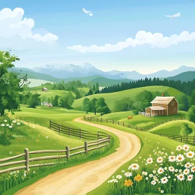 Tranquil Countryside Scene with Farmhouse