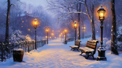 Snowy Park Path with Lampposts