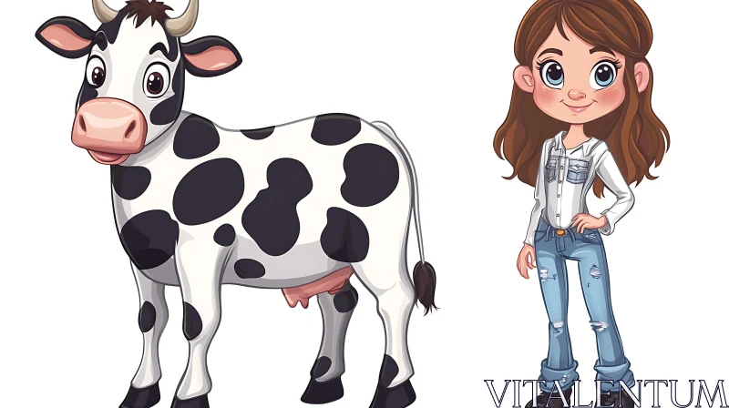 Cartoon Girl and Cow Illustration AI Image