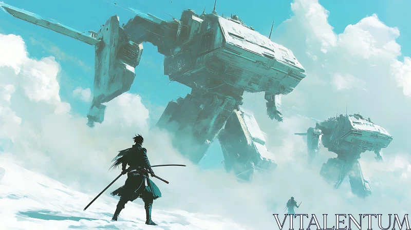 Futuristic Battle: Warrior vs. Giant Robots AI Image