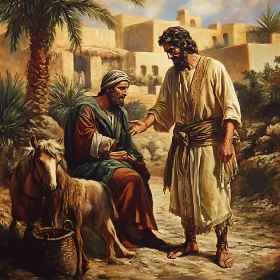 Men Conversing by a Donkey in Ancient Times