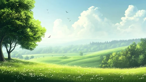 Lush Green Meadow With Trees and Sky