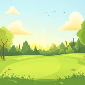 Cartoon Meadow Scene with Trees and Clouds