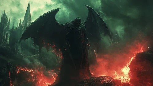 Dark Winged Figure in a Fiery Landscape