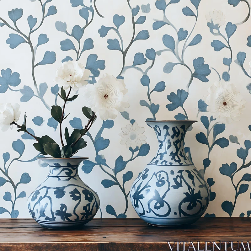 AI ART Elegant Vases with Floral Wallpaper